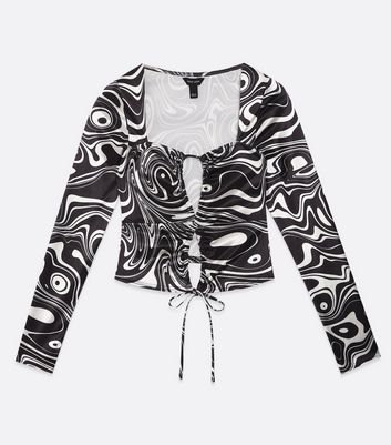 Black Marble Ruched Cut Out Long Sleeve 