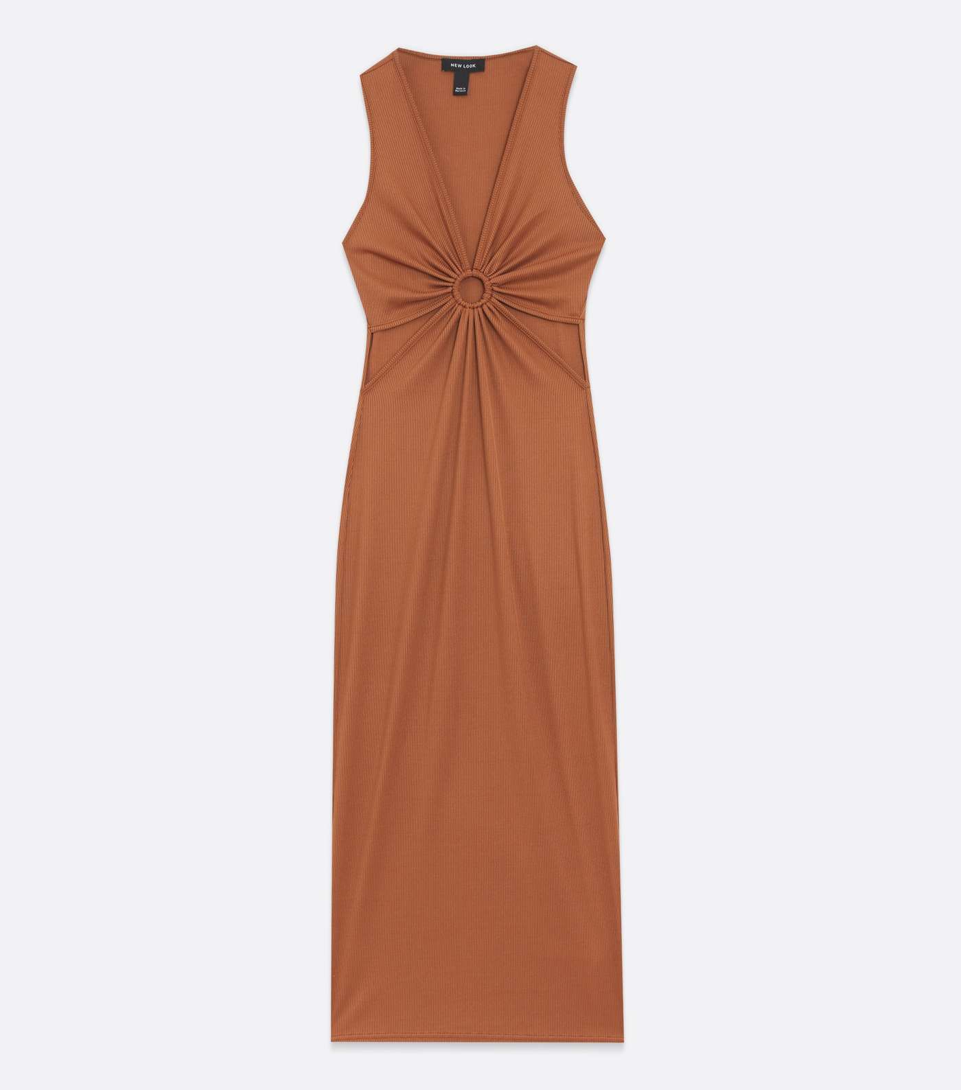 Light Brown Ribbed Ring Cut Out Side Midi Dress Image 5
