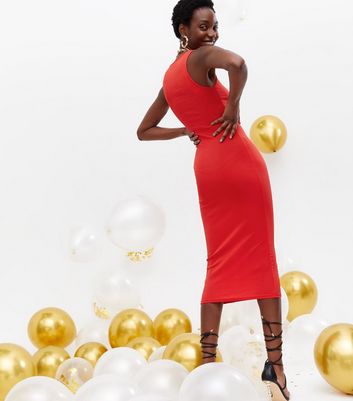Red Ribbed Ring Cut Out Side Midi Dress 