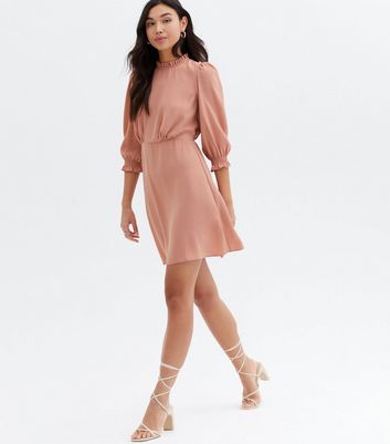 Pale Pink Frill High Neck 3 4 Sleeve Mini Dress New Look