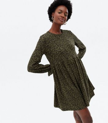 Khaki Leopard Print Frill Crew Neck Mini Smock Dress New Look