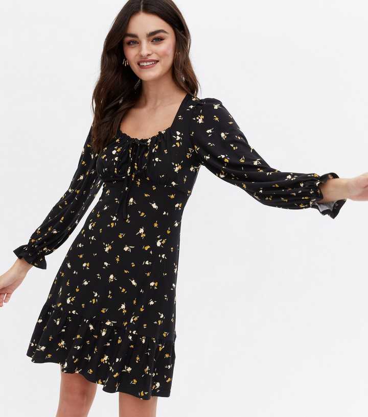Black Ditsy Floral Ruched Long Sleeve Mini Dress | New Look Black Ditsy Floral Ruched Long Sleeve Mini Dress | New Look