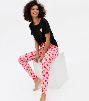 Tall Black T Shirt and Jogger Pyjama Set with Heart Print New Look