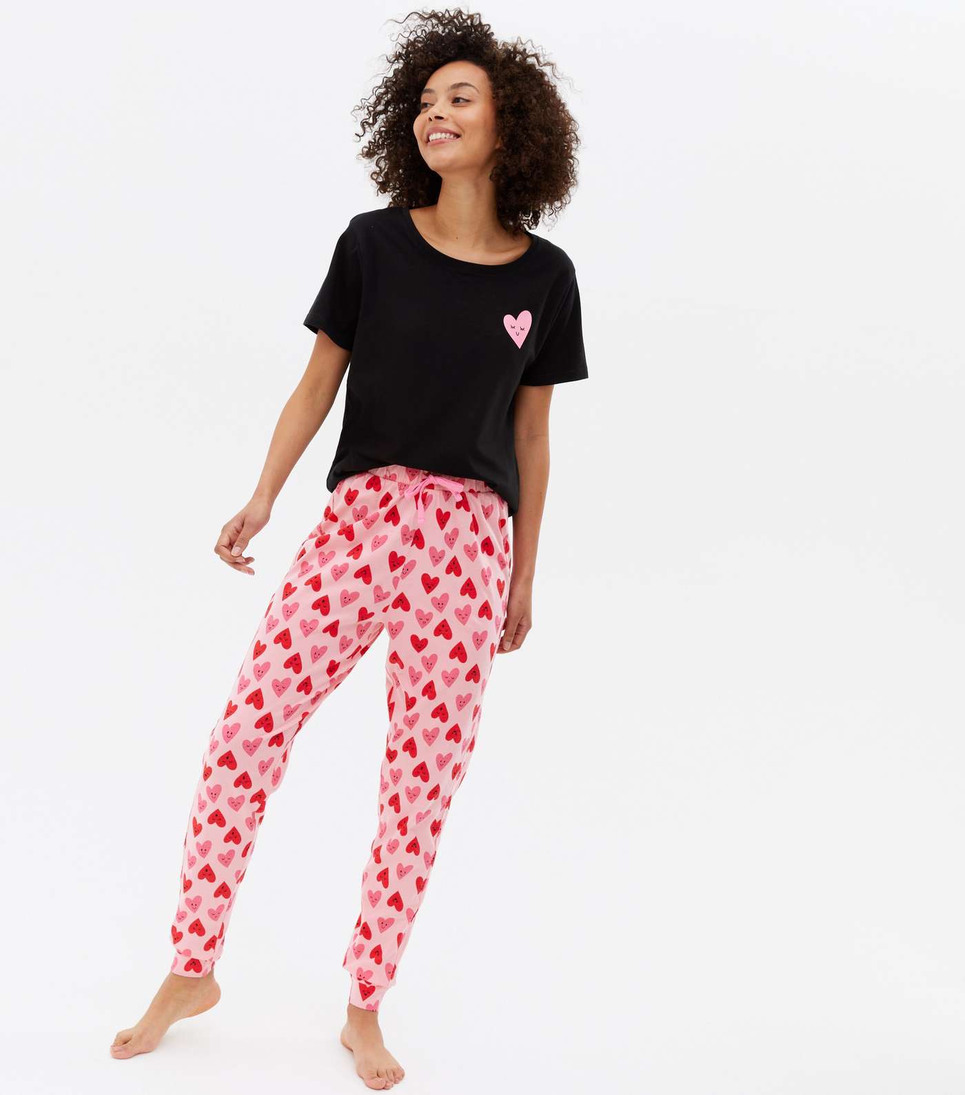 Tall Black T-Shirt and Jogger Pyjama Set with Heart Print Image 2