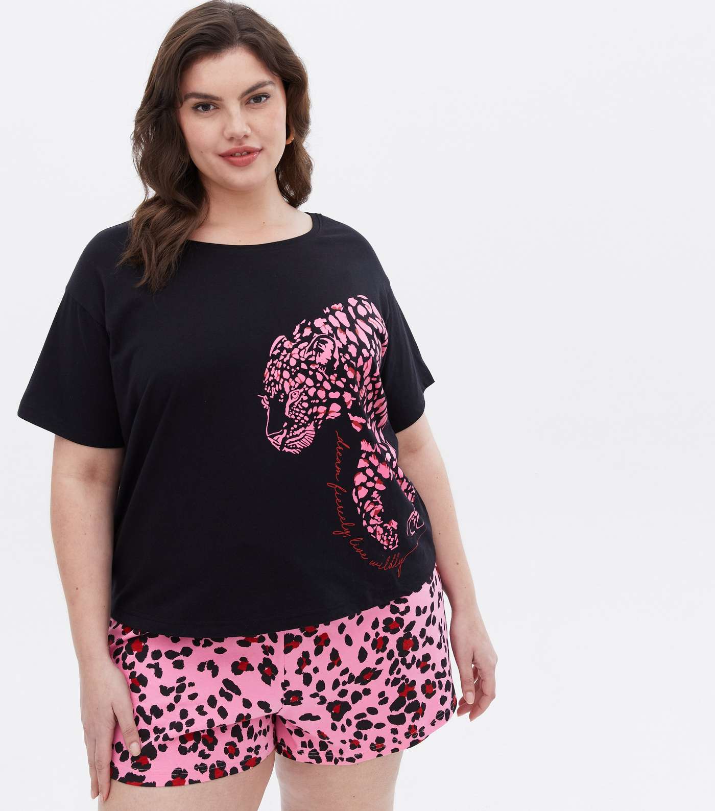 Curves Black Short Pyjama Set with Leopard Logo Print