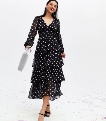 Black Spot Chiffon Long Sleeve Tiered Midi Dress