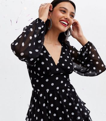 Black Spot Chiffon Long Sleeve Tiered Midi Dress New Look