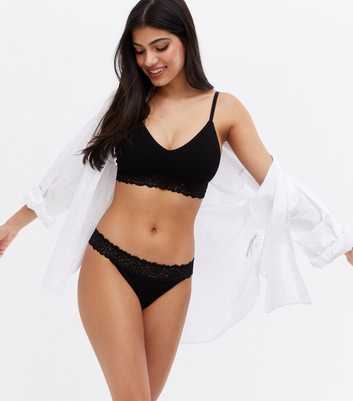Black Ribbed Waist Lace Seamless Thong