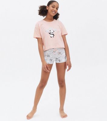 Girls Pink Short Pyjama Set with Panda Logo Print New Look