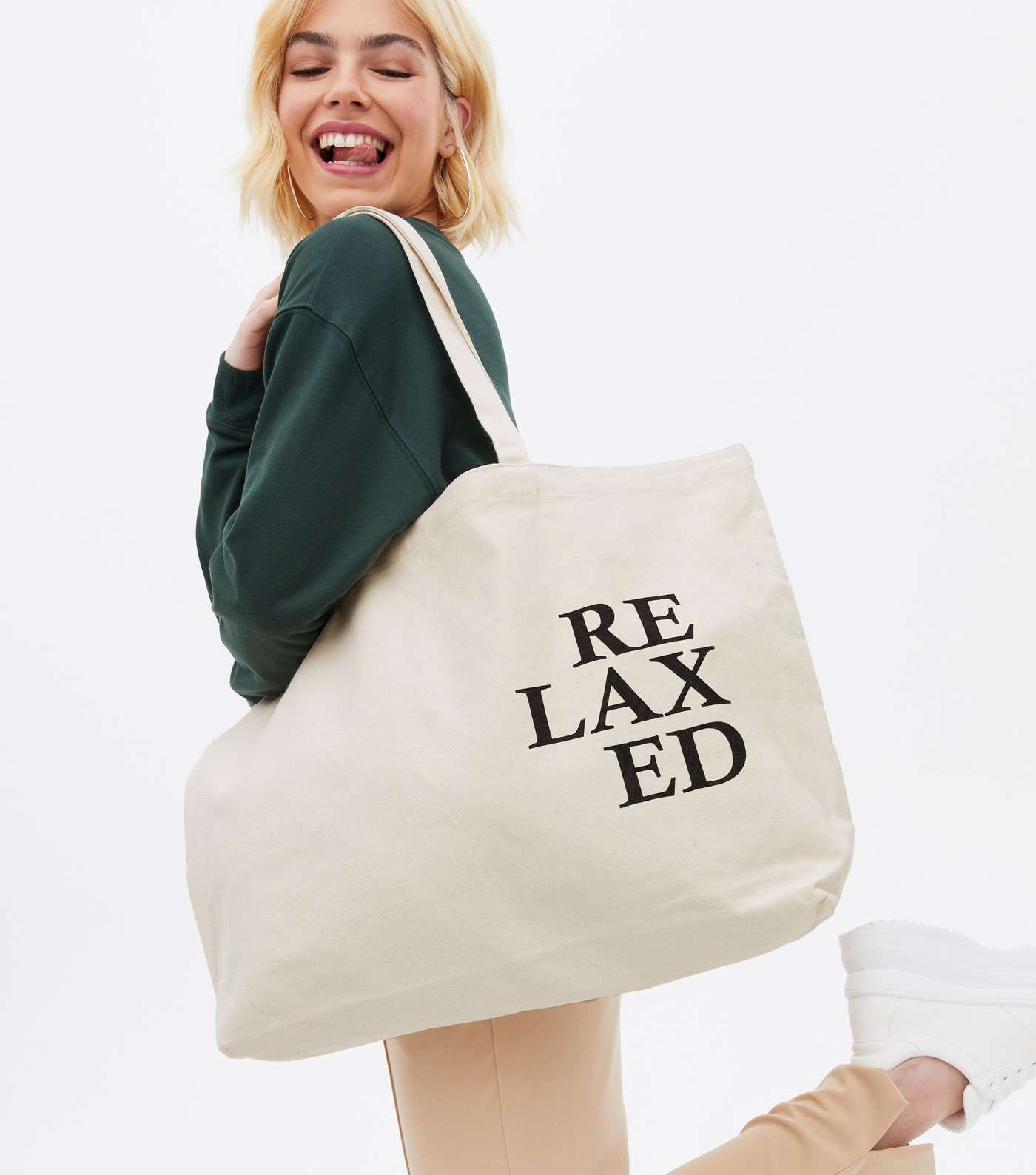 PIECES Off White Relaxed Logo Canvas Tote Bag Image 2