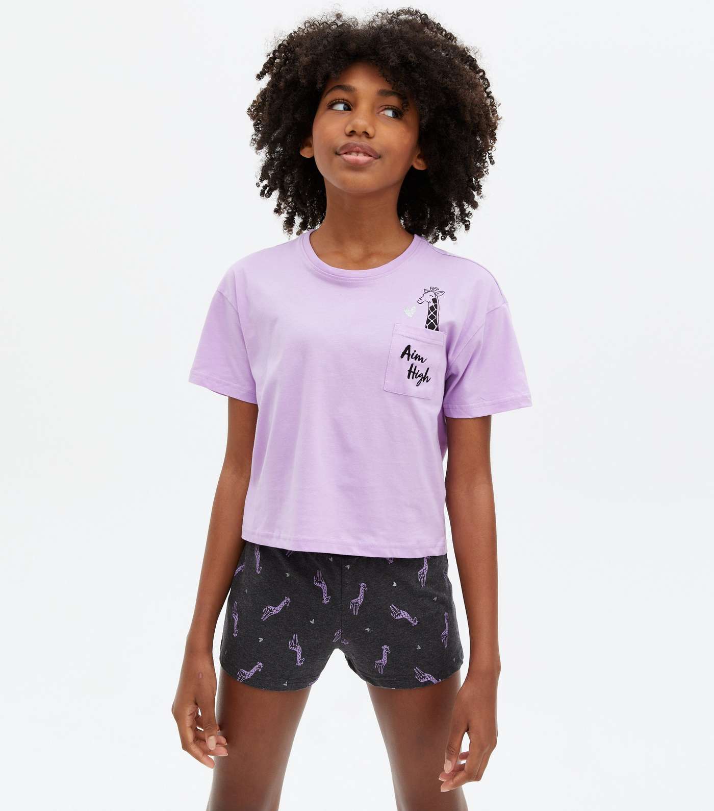Girls Lilac Short Pyjama Set with Giraffe Print Logo