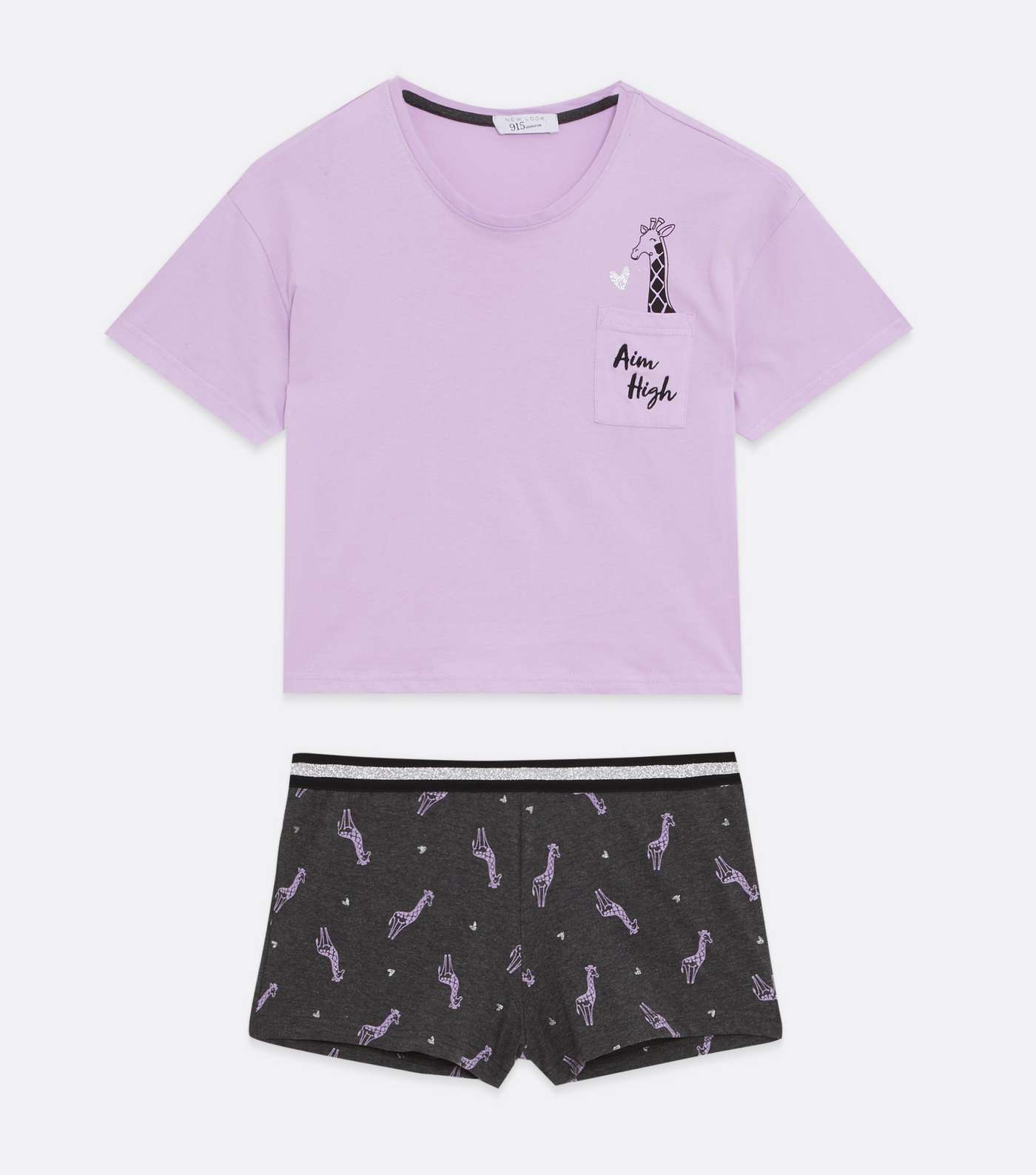 Girls Lilac Short Pyjama Set with Giraffe Print Logo Image 5