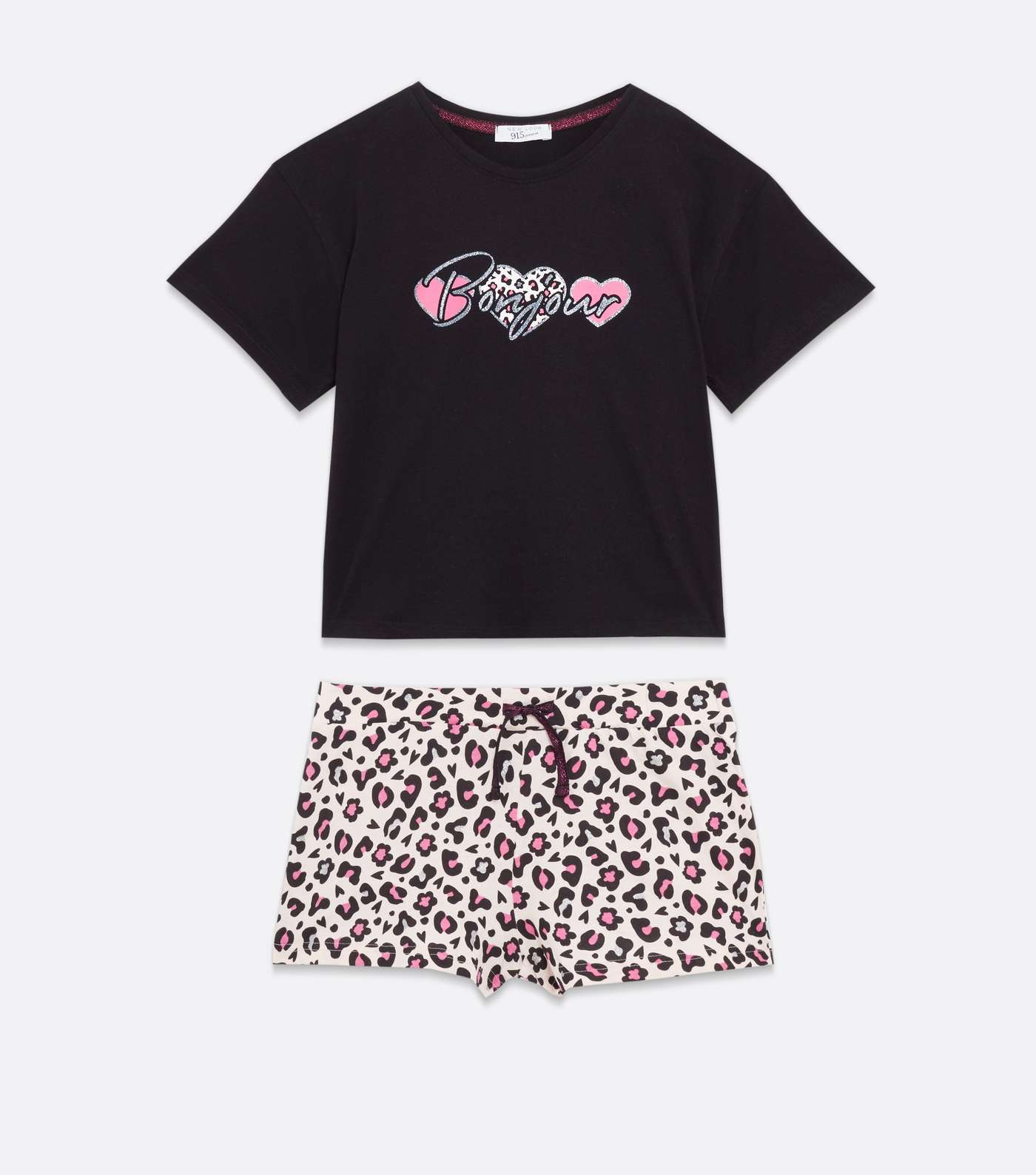 Girls Black Short Pyjama Set with Leopard Print Heart Logo Image 5