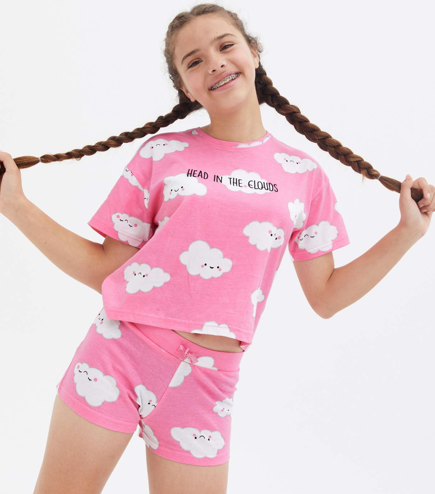 Girls Pink Short Pyjama Set with Clouds Logo Image 2