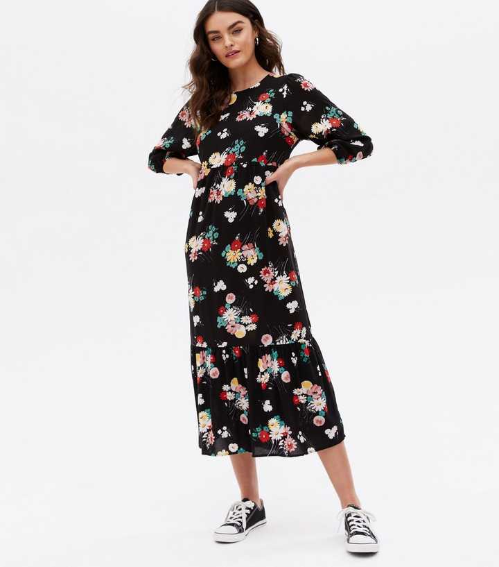 Black Floral Tiered Midi Dress