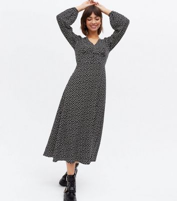 Black Spot V Neck Button Front Midi Dress New Look