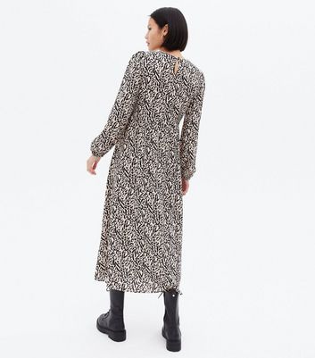 Stone Leopard Print Shirred Long Sleeve Midi Dress New Look