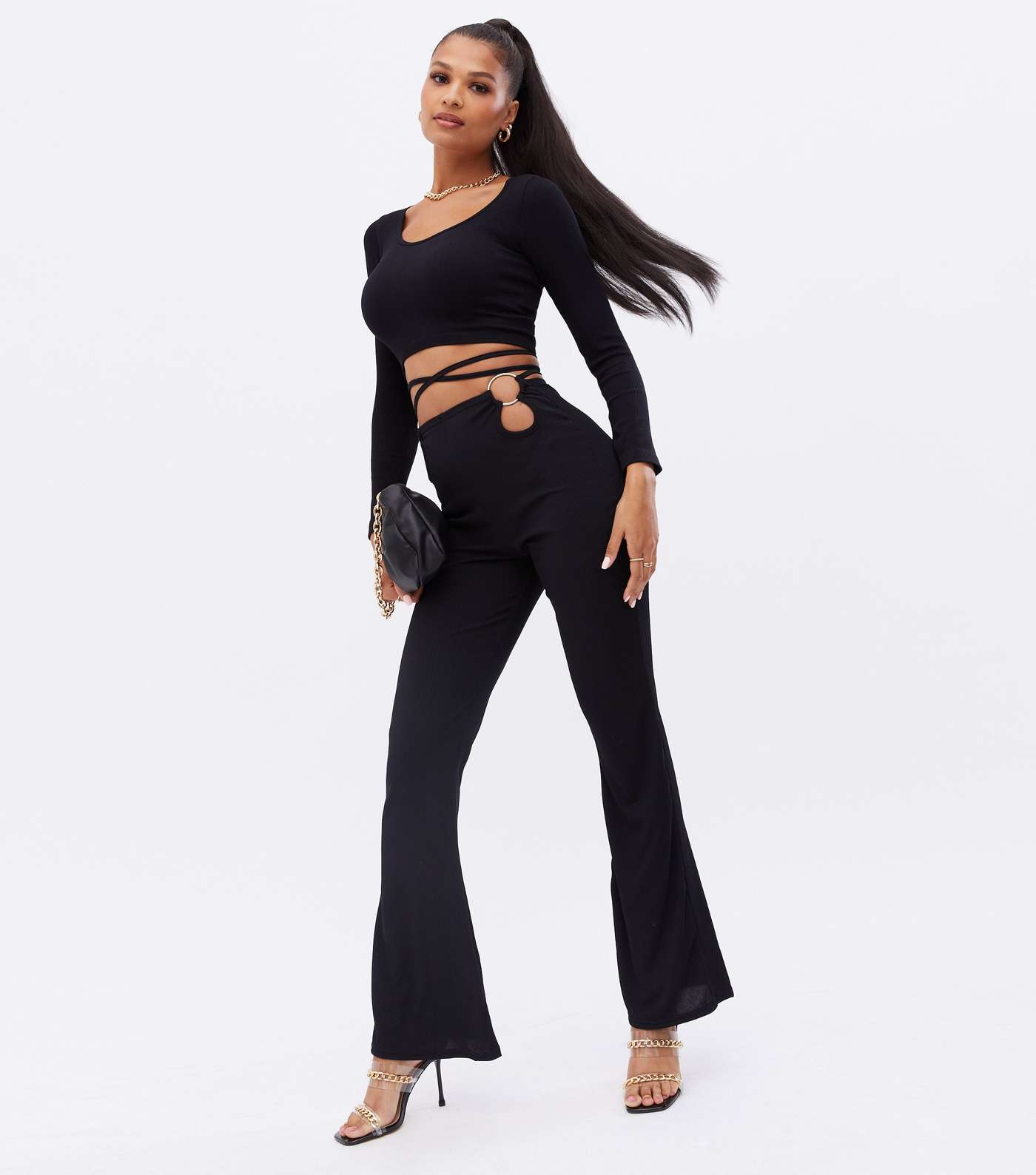 Pink Vanilla Black Ribbed Cut Out Ring Flared Trousers