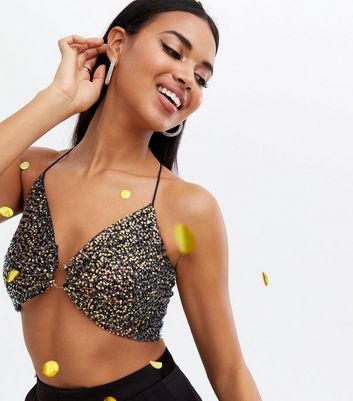 cropped black sequin top