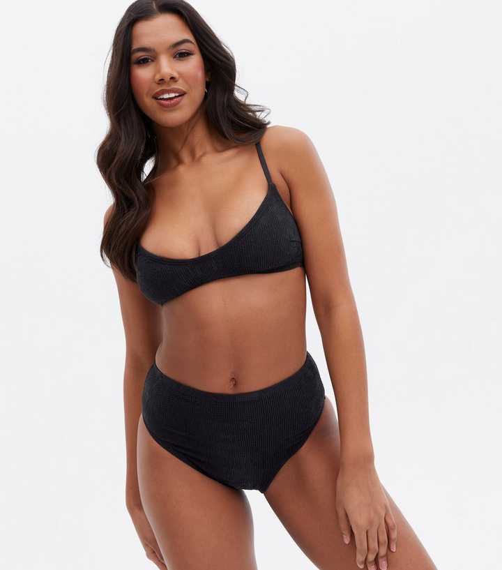 Black Textured Scoop Neck Bikini Top