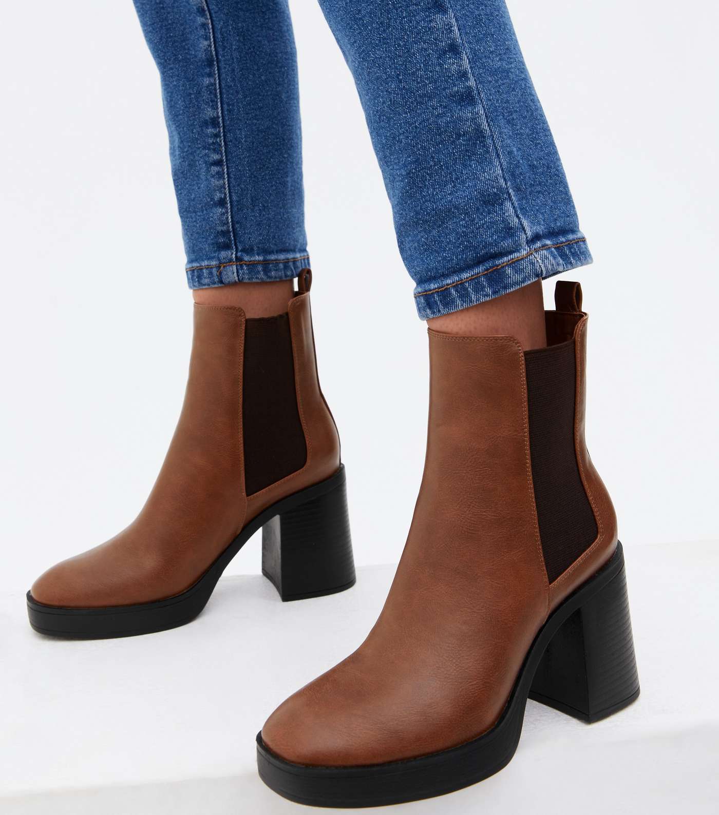 Tan Chunky Block Heel High Ankle Chelsea Boots Image 2