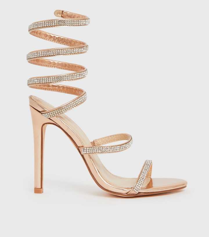 Rose Gold Diamanté Spiral Strap Stiletto Heel Sandals