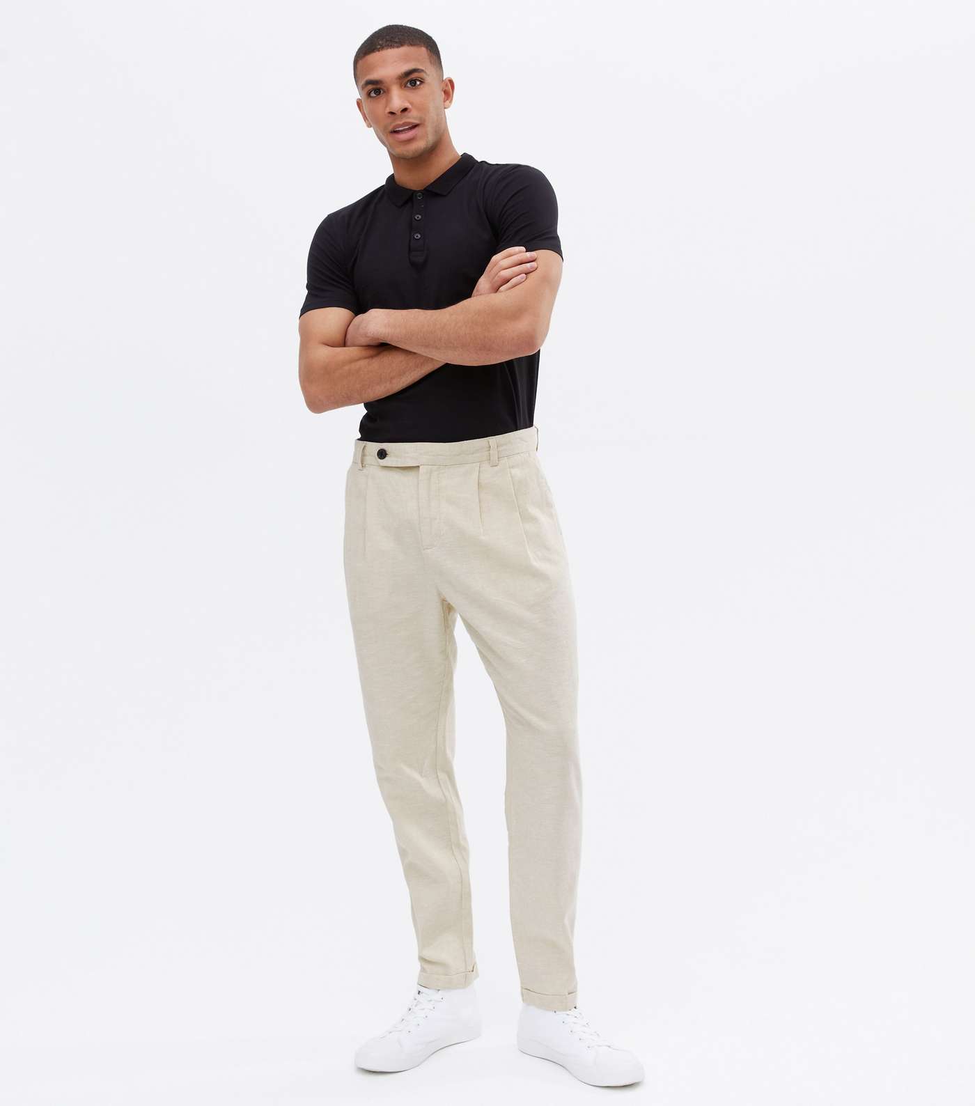 Cream Linen Blend Pleated Trousers