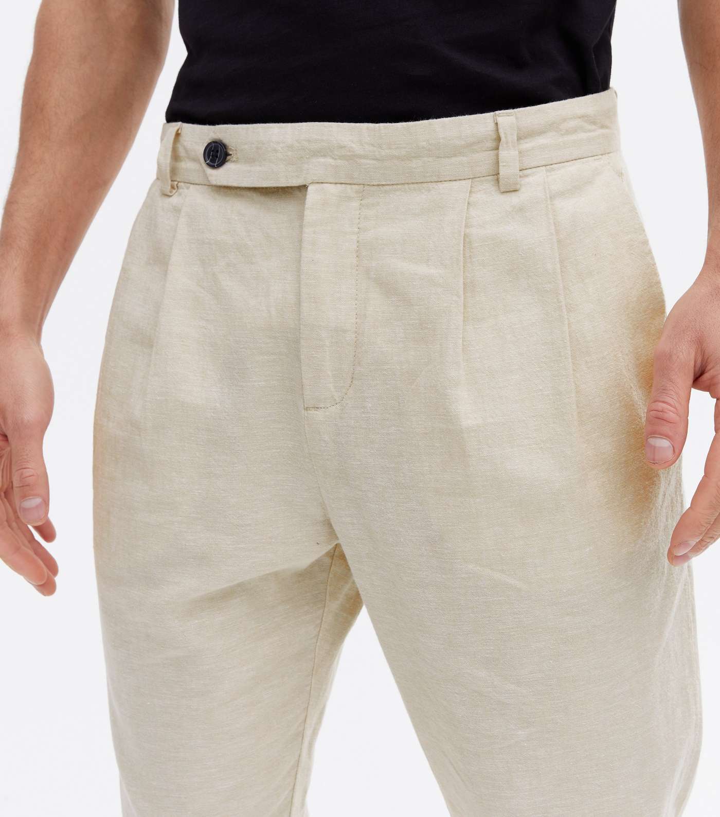 Cream Linen Blend Pleated Trousers Image 3