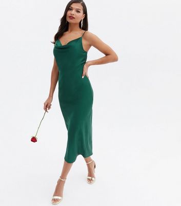 Dark Green Satin Cowl Neck Strappy Midi Slip Dress New Look