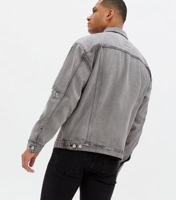 Men's Pale Grey Denim Ripped Oversized Jacket New Look