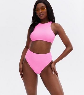 Pink Textured High Waist High Leg Bikini Bottoms | New Look