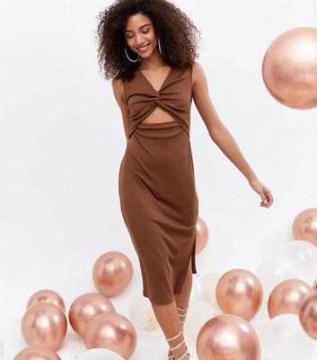 Rust Ribbed Twist Cut Out Midi Bodycon Dress