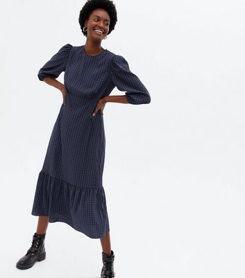 Click to view product details and reviews for Blue Gingham Puff Sleeve Tiered Midi Dress New Look.