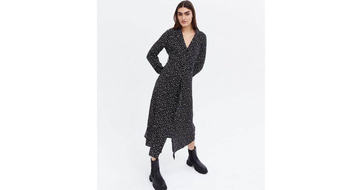 Black Spot Tie Waist Midi Shirt Dress New Look