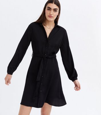 Black Tie Waist Long Sleeve Mini Shirt Dress | New Look