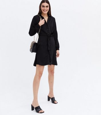 Black Tie Waist Long Sleeve Mini Shirt Dress New Look