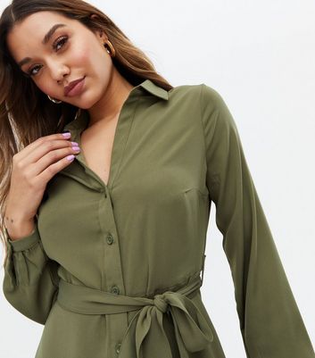 Khaki Tie Waist Long Sleeve Mini Shirt 