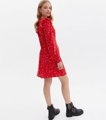 Red Heart Frill Mini Wrap Dress | New Look