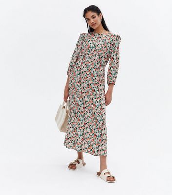 Red Floral Frill 3/4 Sleeve Midi Dress 