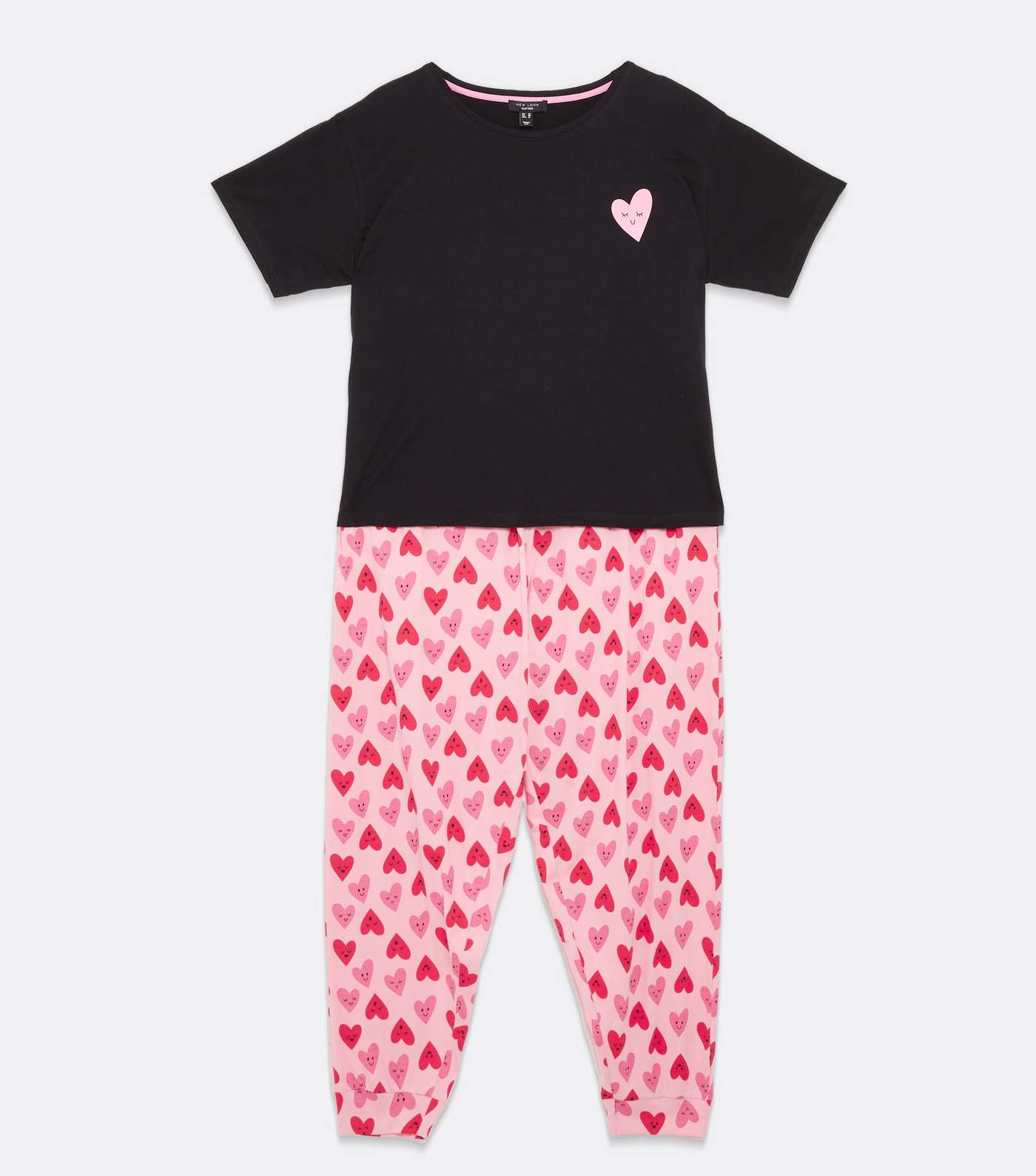 Curves Black T-Shirt and Jogger Pyjama Set with Heart Print Image 5