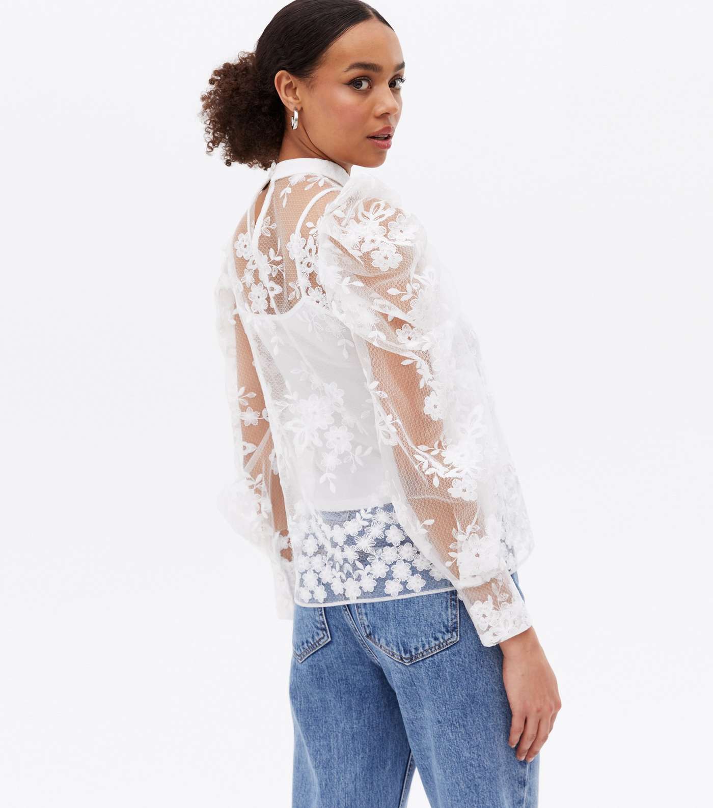 Off White Floral Organza Tie Neck Blouse Image 4