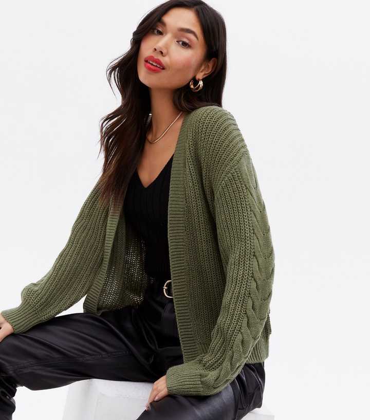 Olive Cable Knit Trim Cardigan | New Look