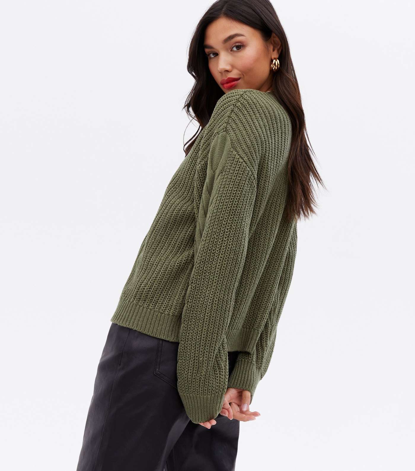Olive Cable Knit Trim Cardigan Image 4