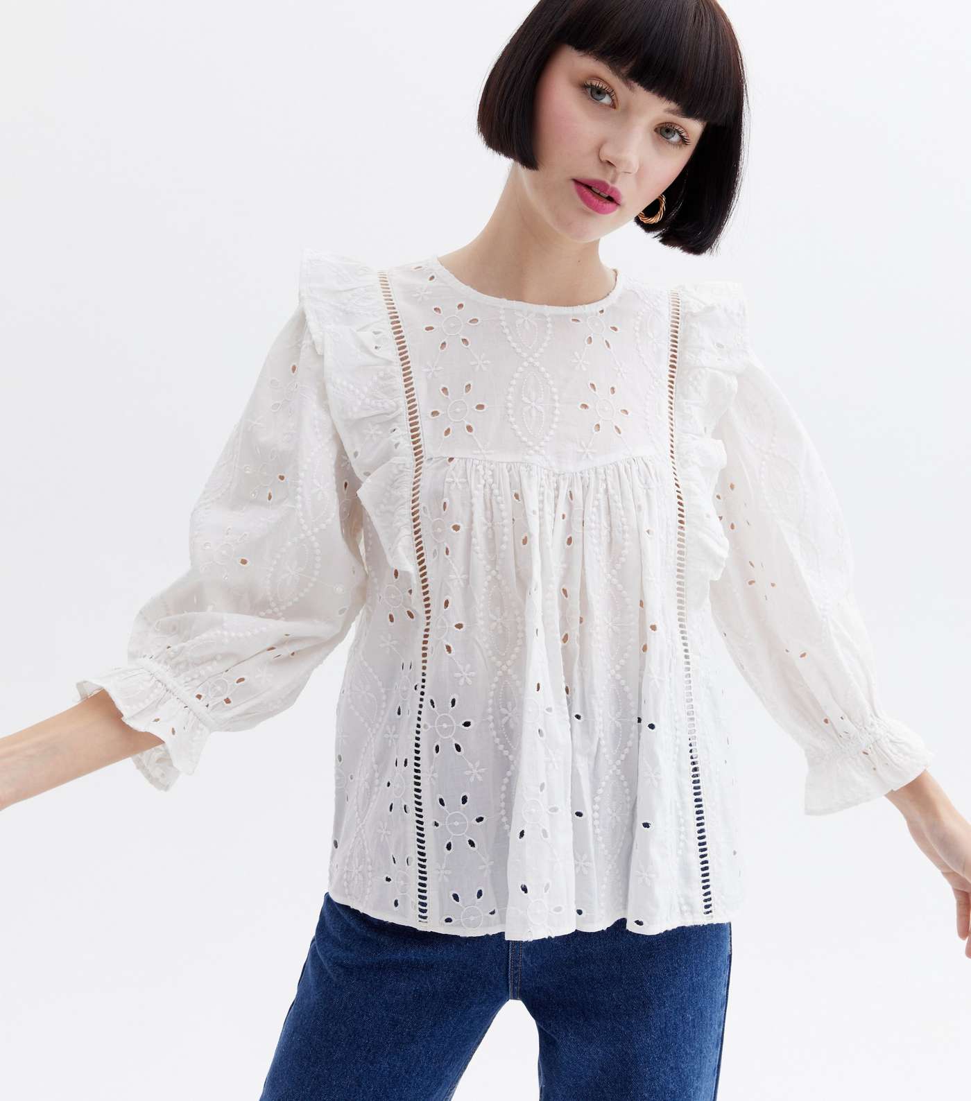 White Broderie Frill Puff Sleeve Blouse