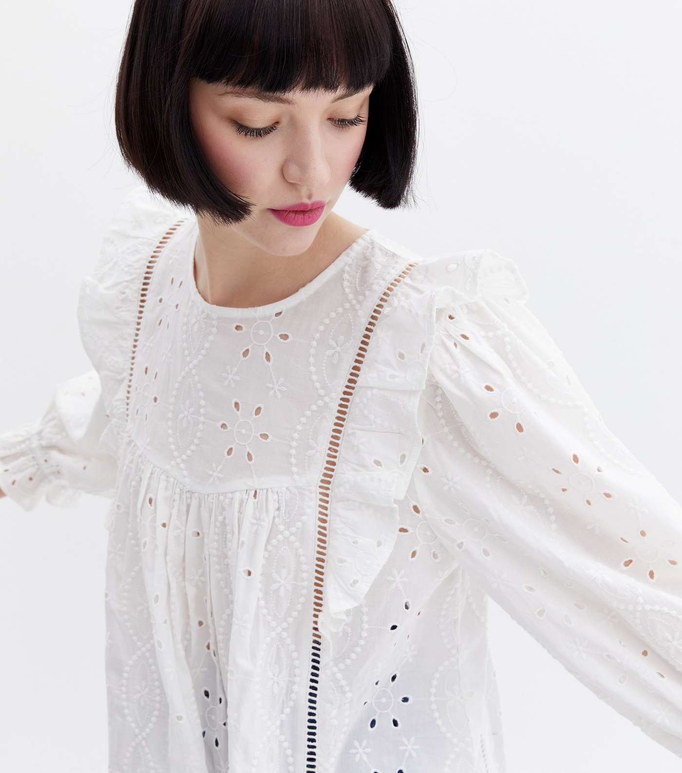 White Broderie Frill Puff Sleeve Blouse Image 3