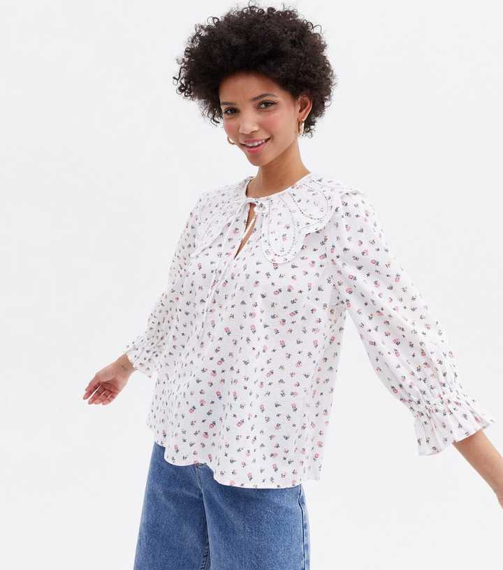White Ditsy Floral Scallop Collar Blouse