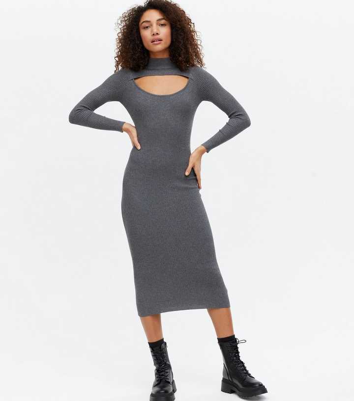 Cameo Rose Grey Cut Out High Neck Midi Bodycon Dress | New Look