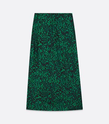 Green Leopard Print Satin Bias Cut Midi Skirt New Look