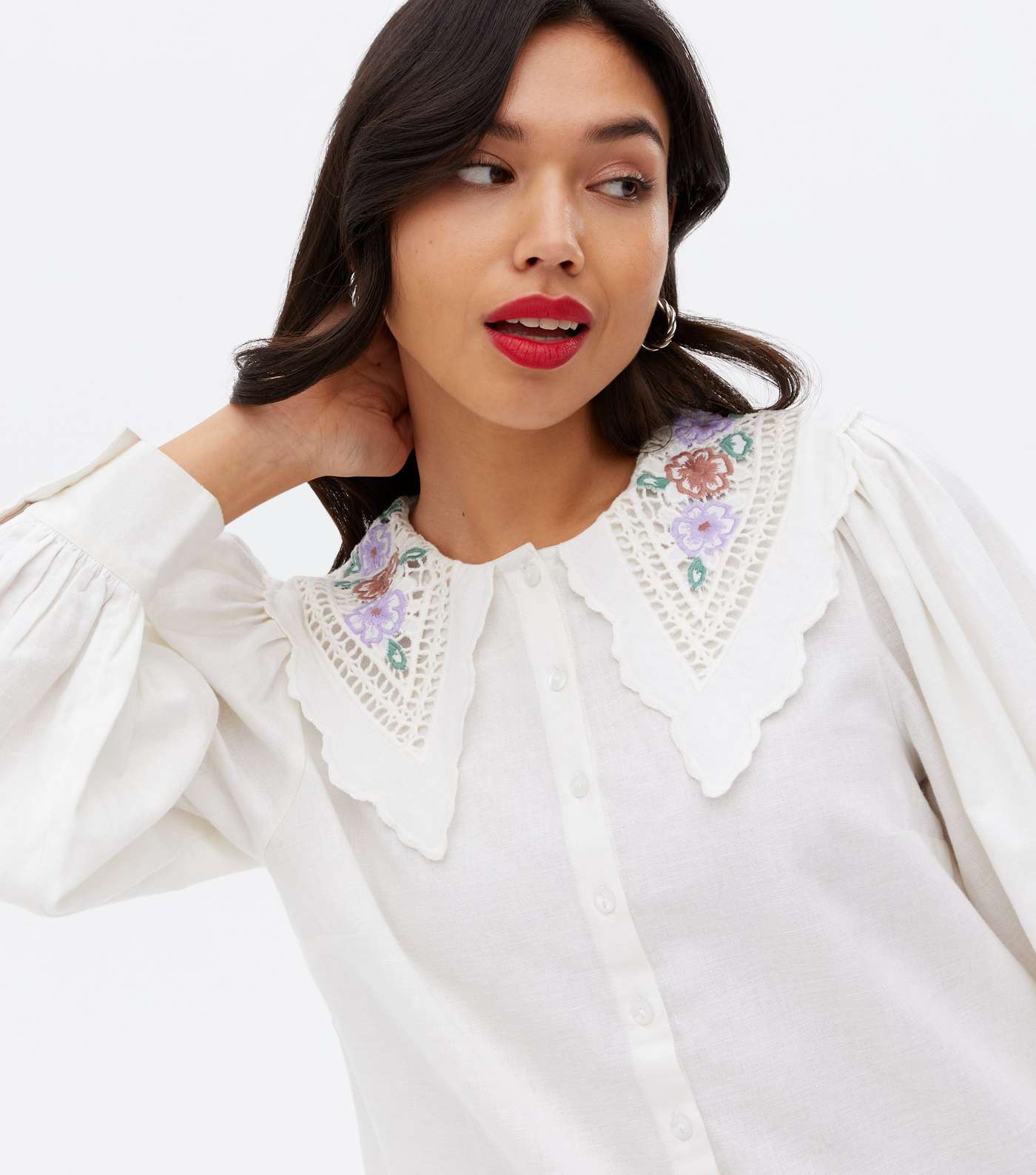White Floral Embroidered Collar Puff Sleeve Shirt