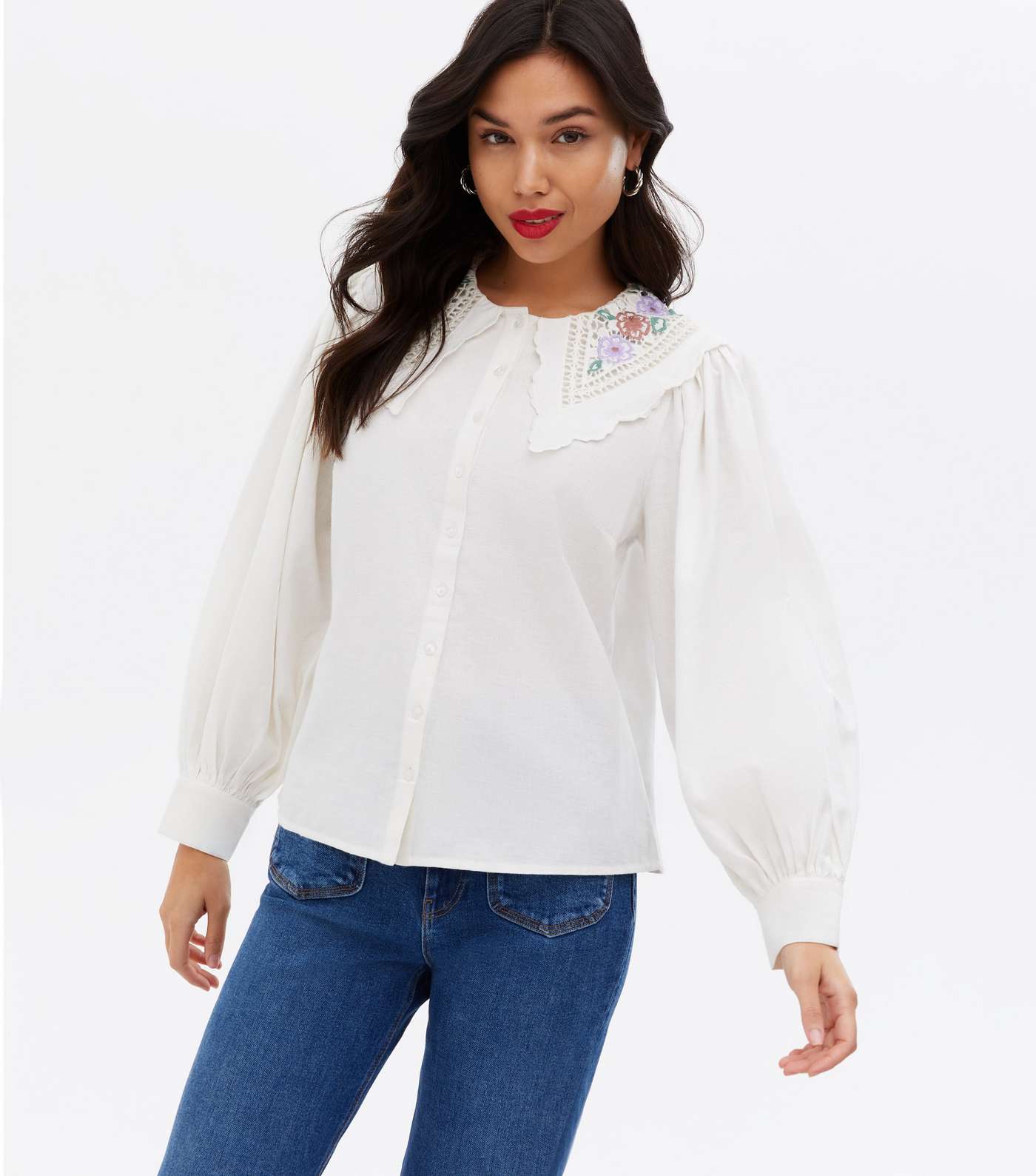 White Floral Embroidered Collar Puff Sleeve Shirt Image 3